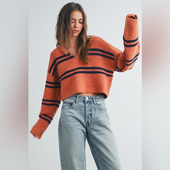 Rust Striped Collared Sweater - Picture 2 of 6